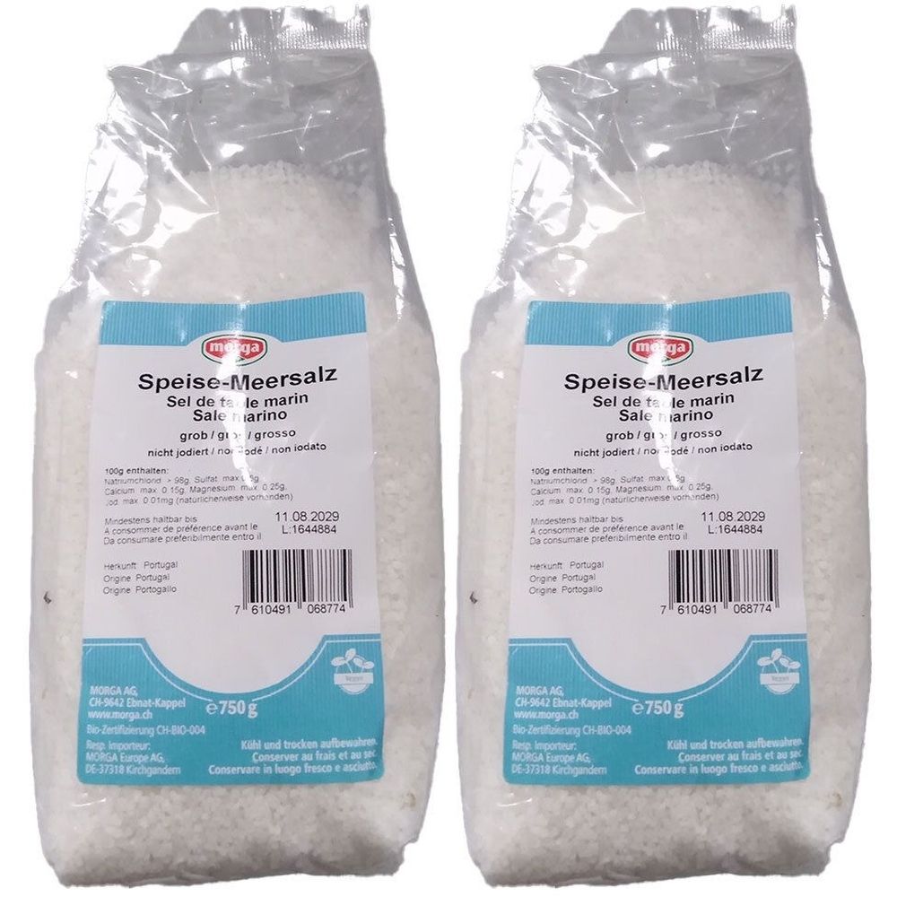 Zwei Beutel morga® Speise-Meersalz grob. Klare Plastikverpackung mit blau-weißem Etikett. Text: Speise-Meersalz, 750g, nicht jodiert.