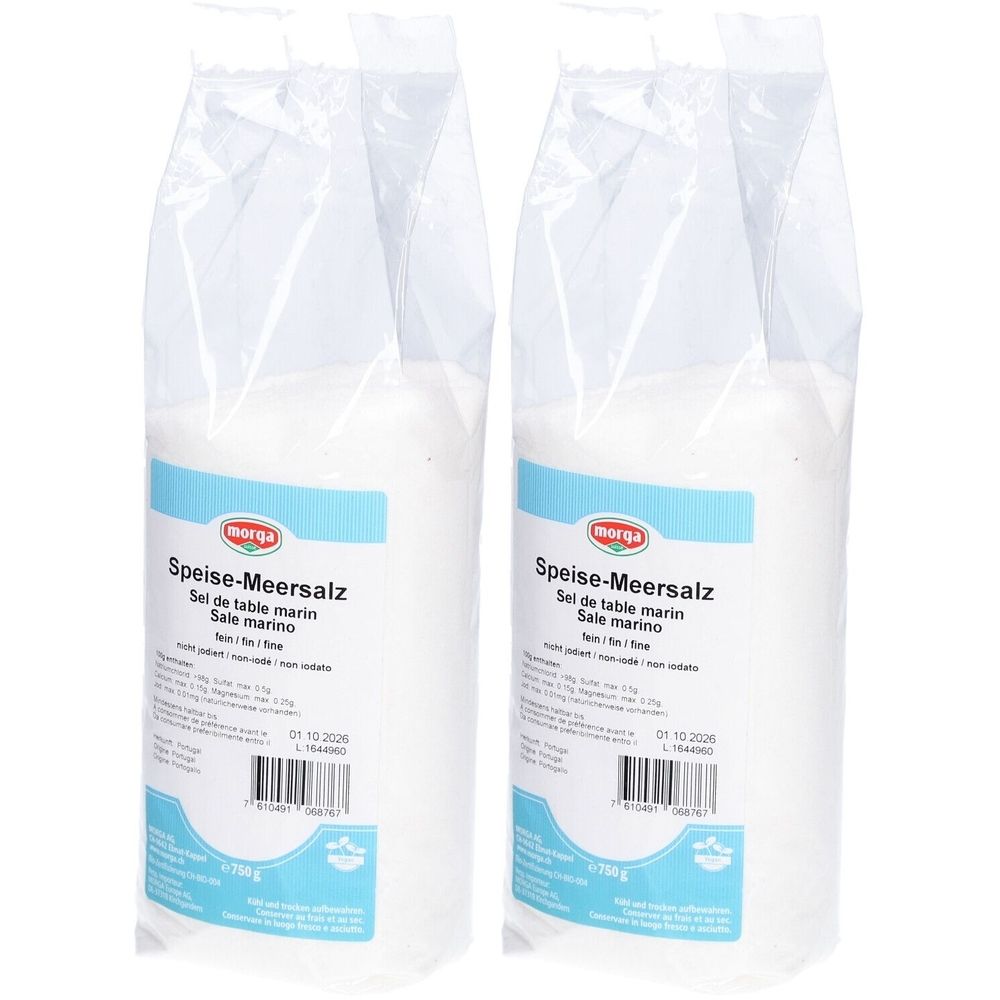 Deux sacs de sel marin morga®. Sacs blancs avec étiquette bleue. Inscription : Speise-Meersalz, Sel de table marin, Sale marino.