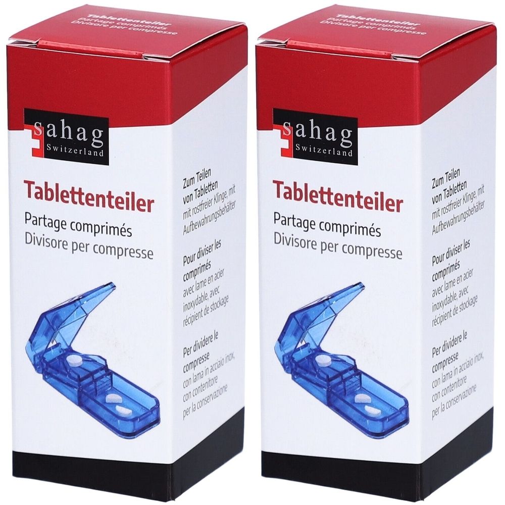 Deux diviseurs de comprimés dans leur emballage. Diviseurs bleus avec compartiment de récupération. Inscription : sahag, Tablettenteiler, Partage comprimés, Divisore per compresse.
