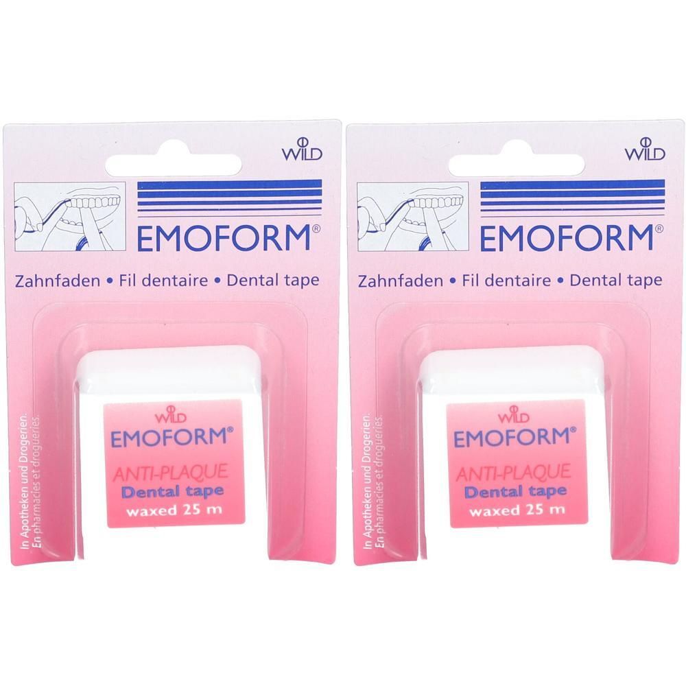 Deux paquets de fil dentaire EMOFORM® Anti-Plaque. Récipients blancs en plastique avec étiquette rose. Inscription: Anti-Plaque, waxed 25 m.