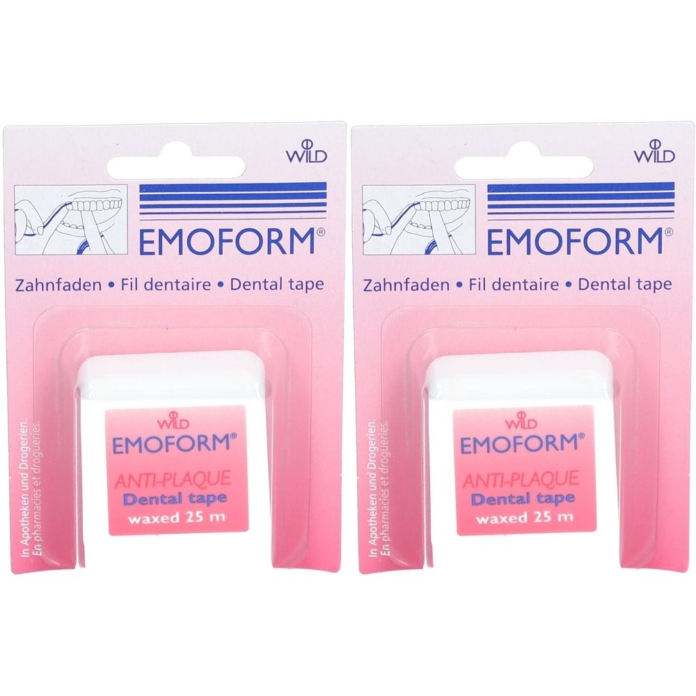 Zwei Packungen Zahnseide. Aufschrift: EMOFORM, Anti-Plaque, Dental tape, gewachst. Rosa-weiße Verpackung.