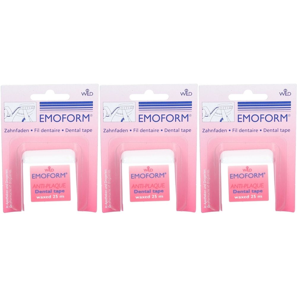 Drei Packungen EMOFORM Anti-Plaque-Zahnseide. Weiße Spulen in rosa Verpackung. Text: Zahnfaden, Fil dentaire, Dental tape.