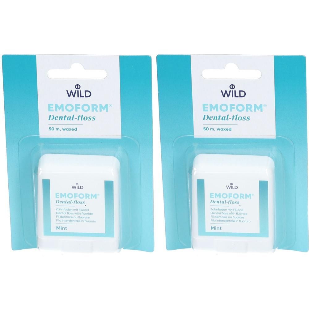 Deux paquets de fil dentaire EMOFORM® au fluorure. Récipients blancs avec texte bleu. Goût menthe, 50 m.