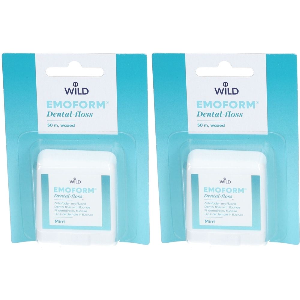 Zwei Packungen EMOFORM Dental-Floss. Weiße Behälter mit blauem Etikett. Aufschrift: EMOFORM, Dental-floss, 50 m, waxed, Mint.