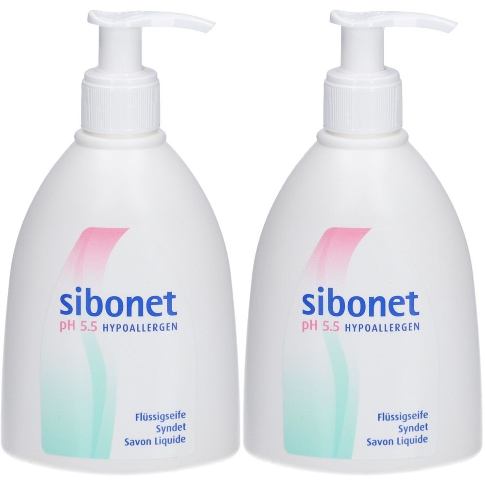 Deux flacons blancs avec pompe. Sur chaque flacon, "sibonet pH 5.5 HYPOALLERGEN". En dessous, "Flüssigseife Syndet Savon Liquide".