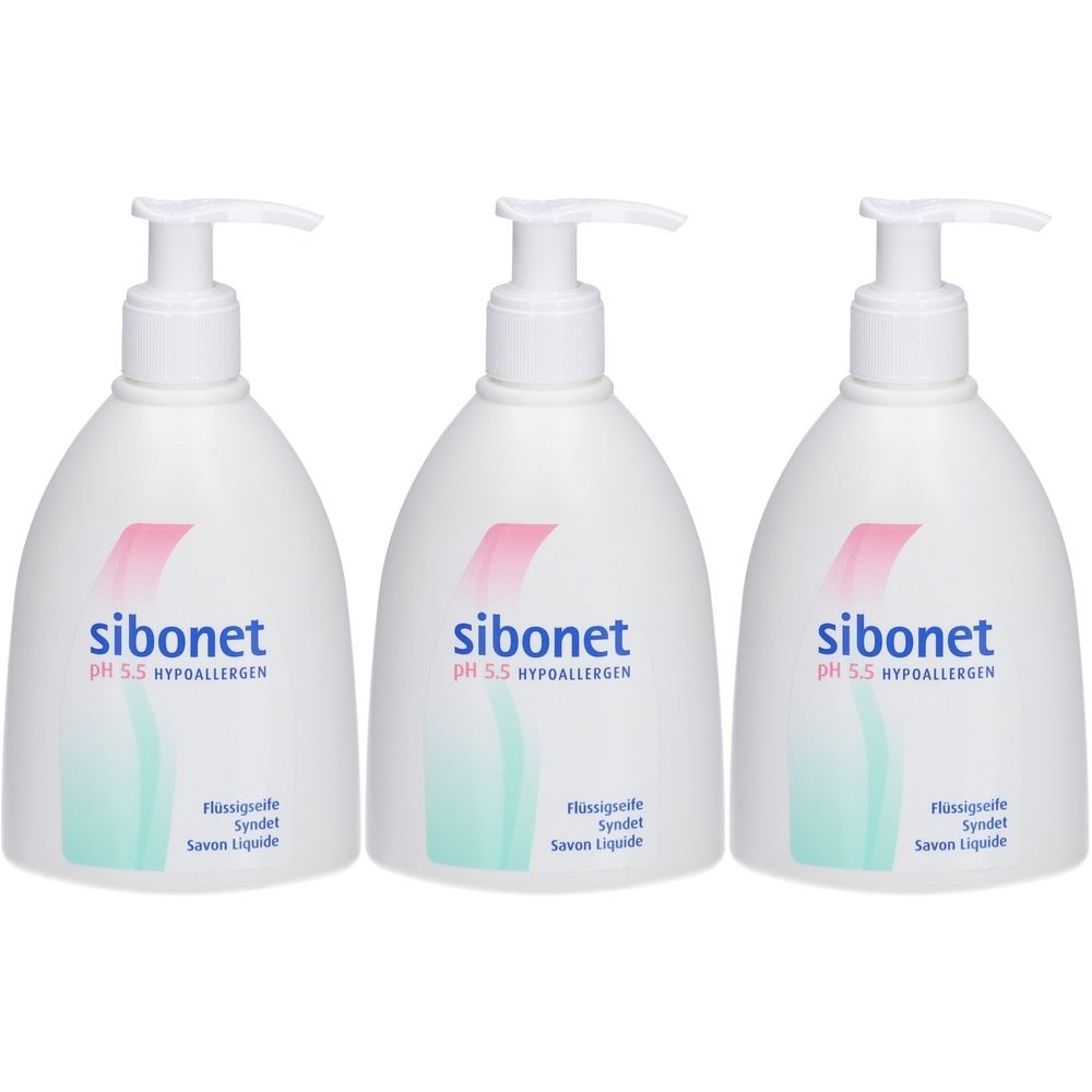 Trois flacons blancs avec pompe. Chaque flacon porte l'inscription "sibonet pH 5.5 HYPOALLERGEN".