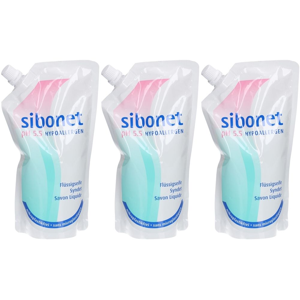 Trois sachets de savon liquide Sibonet. Sachets blancs avec éléments roses et turquoise. Texte: pH 5,5 HYPOALLERGEN, Flüssigseife, Syndet, Savon Liquid.