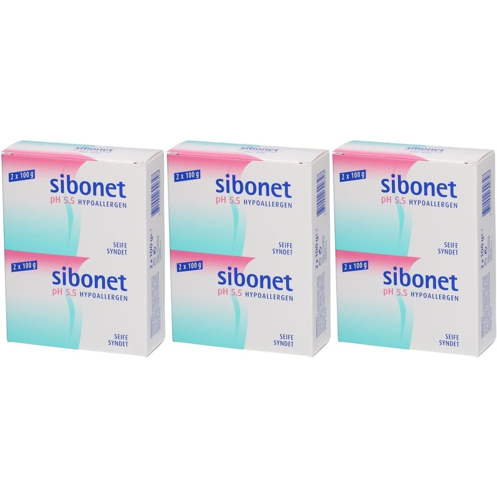 Drei Schachteln Sibonet pH 5,5 hypoallergene Seife. Weiße Verpackung mit blau-rosa Design und Produktinformationen.