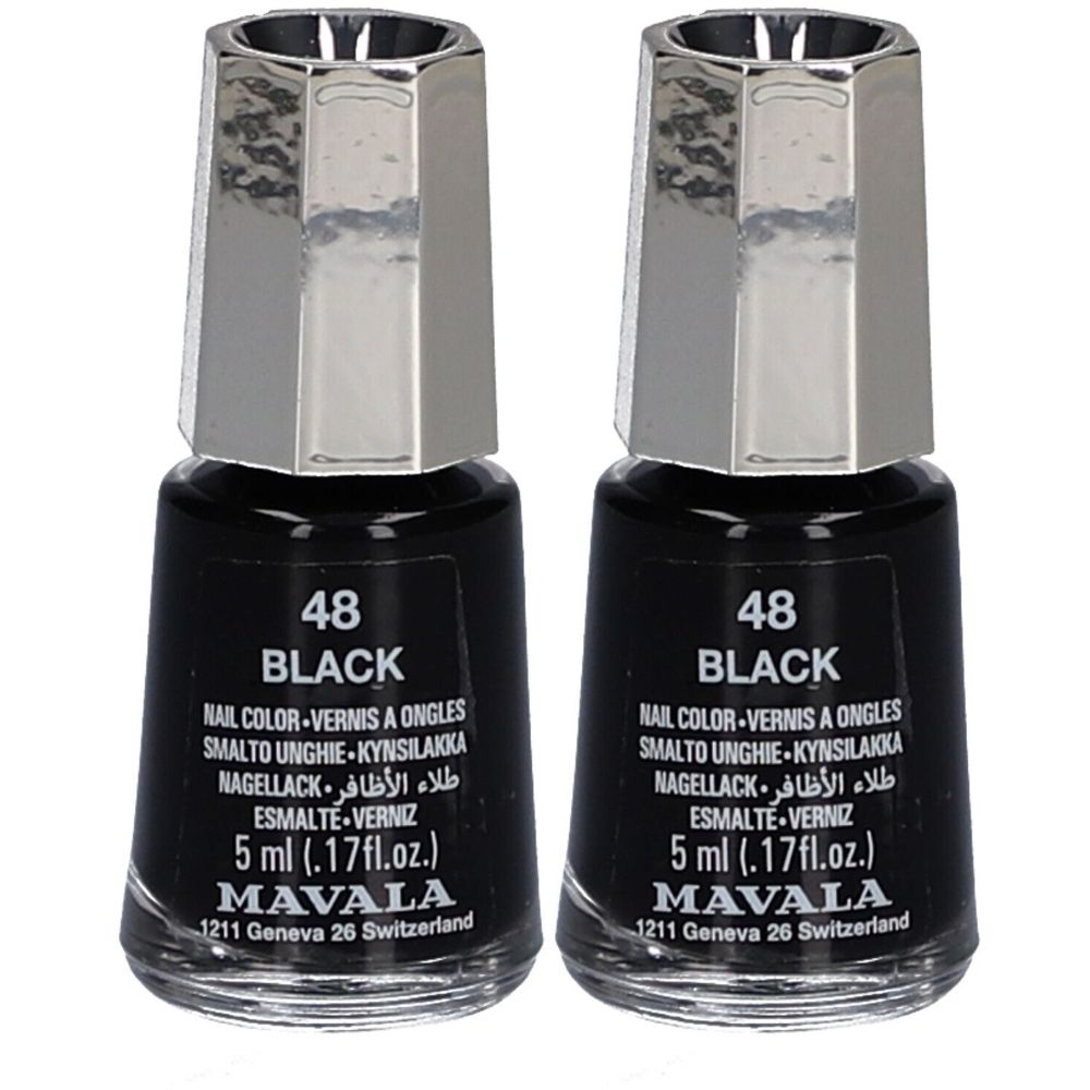 Deux flacons de vernis à ongles noirs. Inscription : 48 BLACK, Nail Color, 5 ml, Mavala. Bouchon argenté.