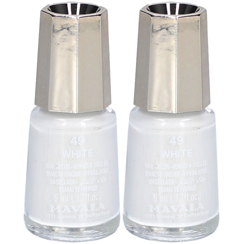 Zwei Flakons weißer Nagellacke. Silberfarbene Kappen. Aufschrift: 49 WHITE, MAVALA, 5 ml.