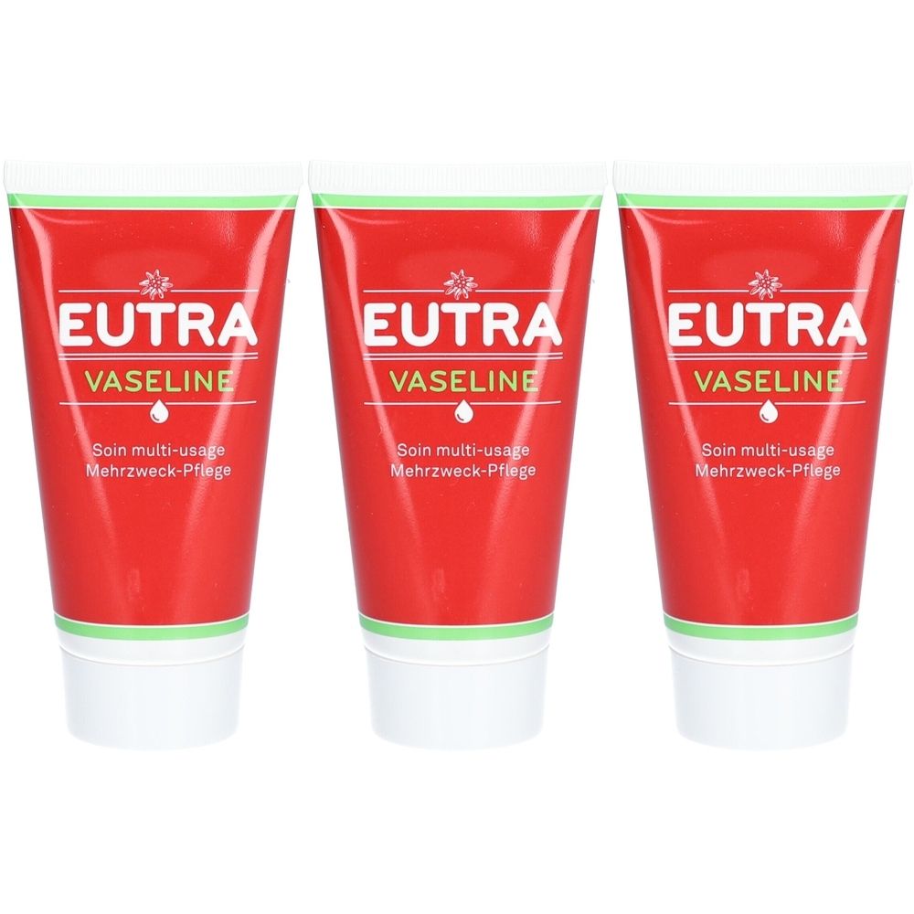 Trois tubes rouges avec texte blanc. Inscription: EUTRA VASELINE. Fermeture verte et blanche.