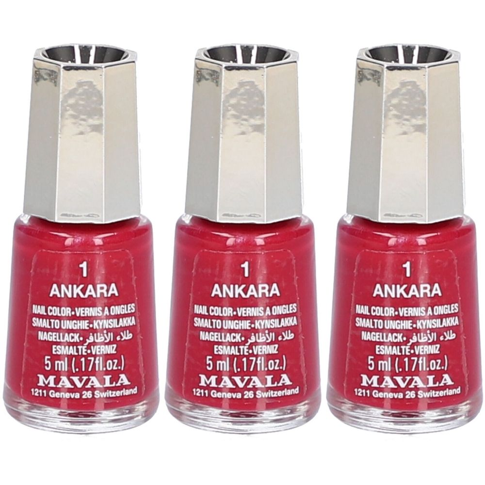Drei Flaschen Nagellack. Rote Farbe, silberne Kappe. Aufschrift: Ankara, Mavala. 5 ml.