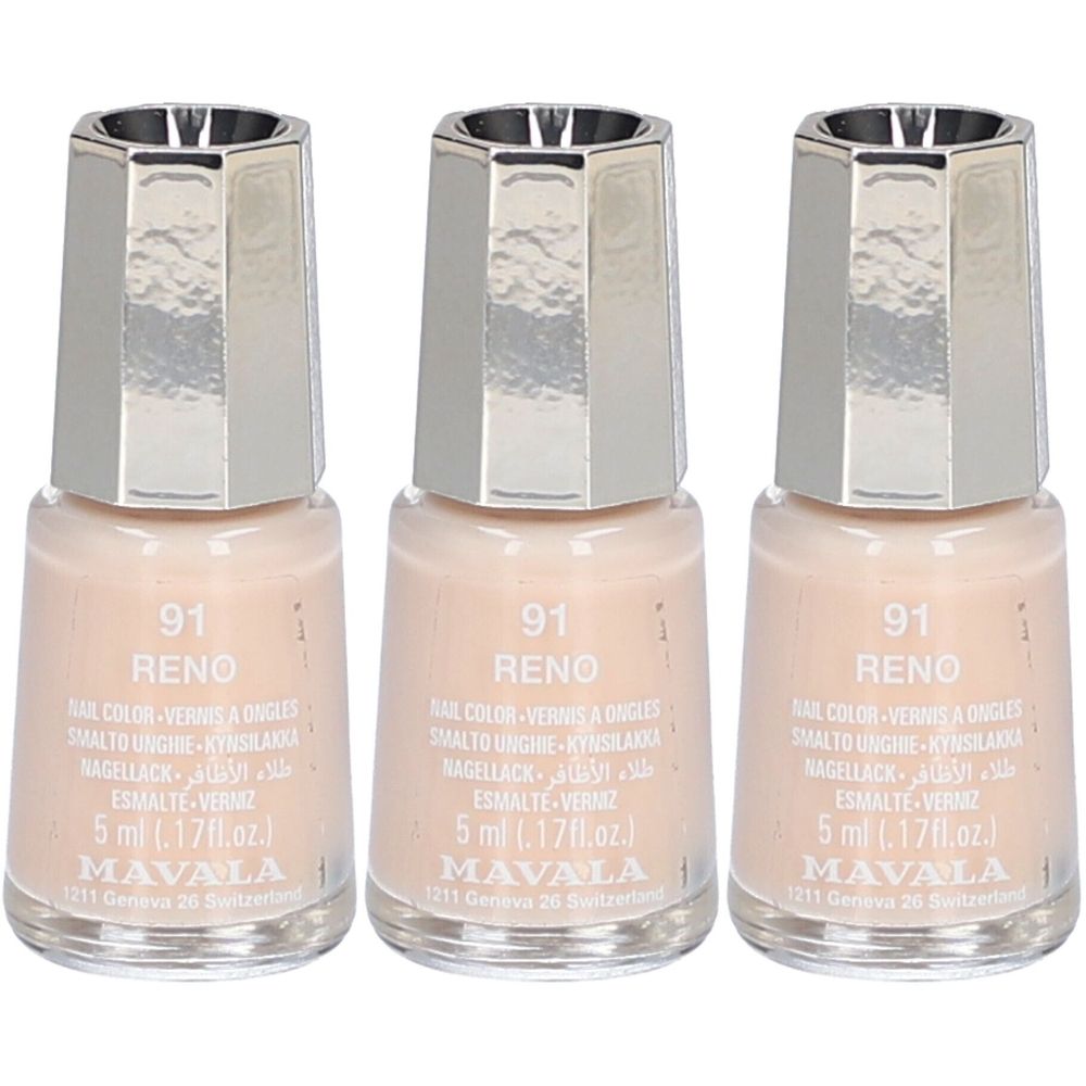 Drei Flakons Nagellack, hellbeige. Silberfarbene Kappe. Aufschrift: 91 RENO, 5 ml, Mavala.