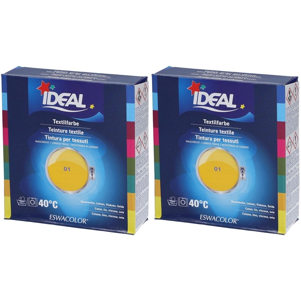 Zwei Kartons Textilfarbe. Aufschrift IDEAL, Textilfarbe, 01 Gelb. Temperatur 40°C. Marke ESWACOLOR.