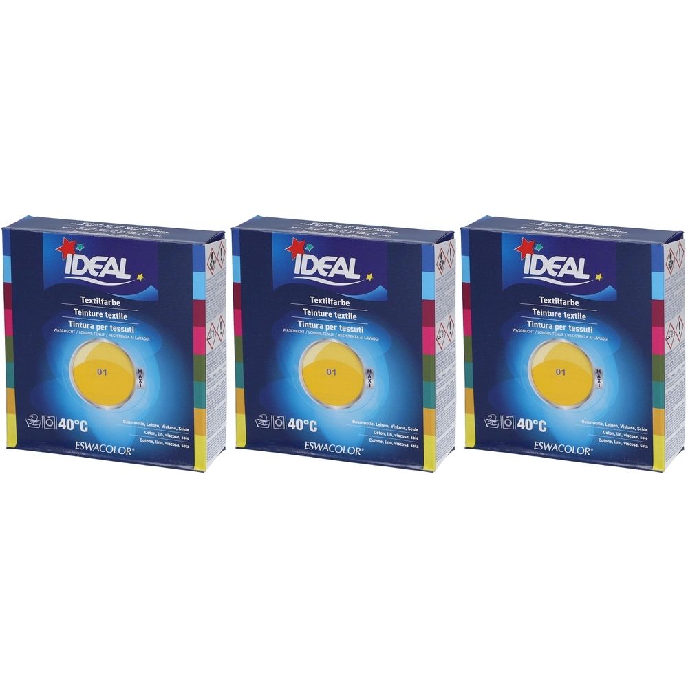 Drei Schachteln Textilfarbe. Auf jeder Schachtel steht IDEAL. Gelbe Farbe, 40°C und ESWACOLOR sind ebenfalls sichtbar.