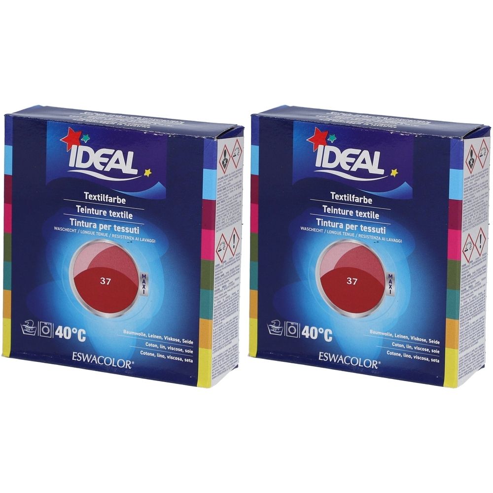 Zwei Kartons Textilfarbe. Aufschrift: IDEAL, Textilfarbe, Hermesrot No.37. Waschbar bei 40°C. Marke ESWACOLOR.