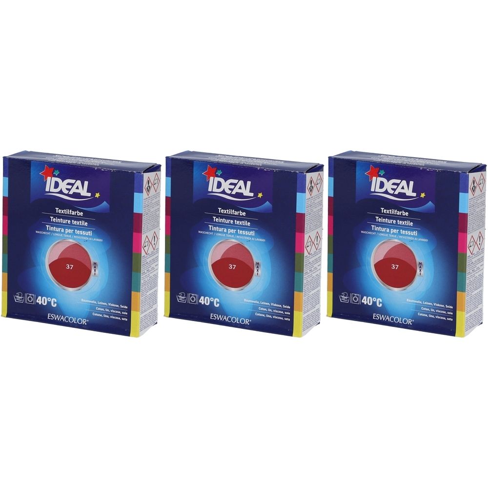 Drei Kartons Ideal MAXI Textilfarbe. Aufschrift: Textilfarbe, Hermesrot, 37, 40°C. Blaue Verpackung mit rotem Farbkreis.
