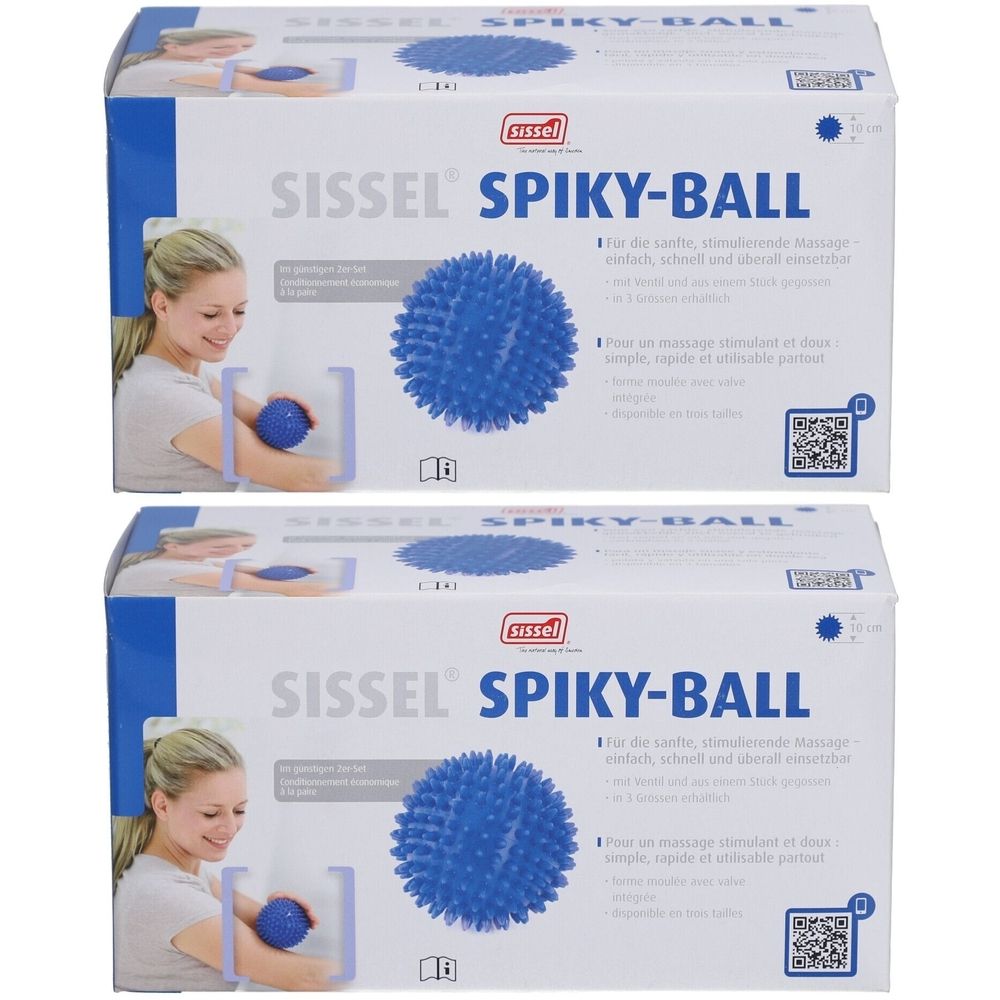 Zwei Kartons mit Sissel Spiky-Ball. Blaue Stachelkugeln auf weißem Hintergrund. Aufdruck: Sissel, Spiky-Ball, QR-Code.