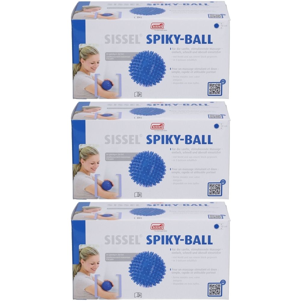 Trois boîtes de produit Sissel Spiky-Ball. Chaque boîte montre une femme tenant une balle bleue. Texte et logo visibles.