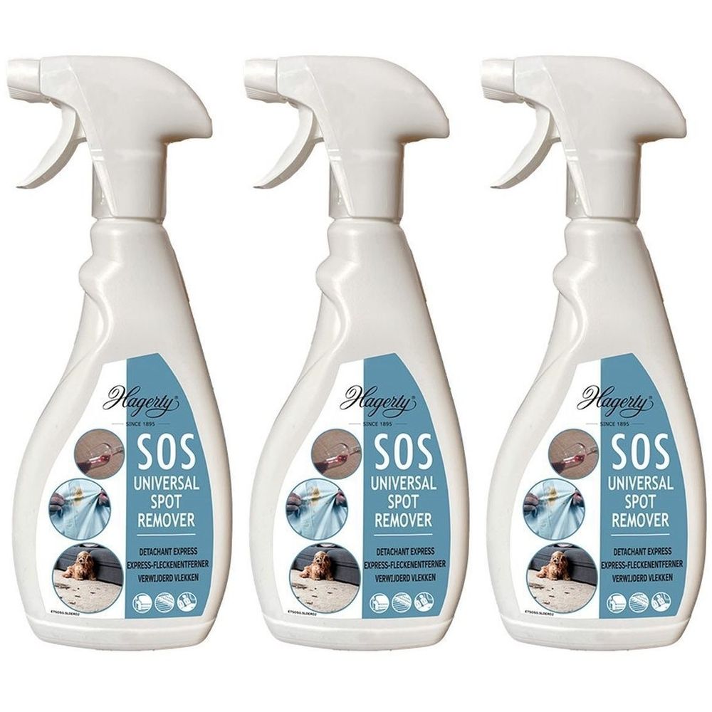 Drei weiße Sprühflaschen mit dem Etikett "Hagerty SOS Universal Spot Remover". Jede Flasche hat einen weißen Sprühkopf.