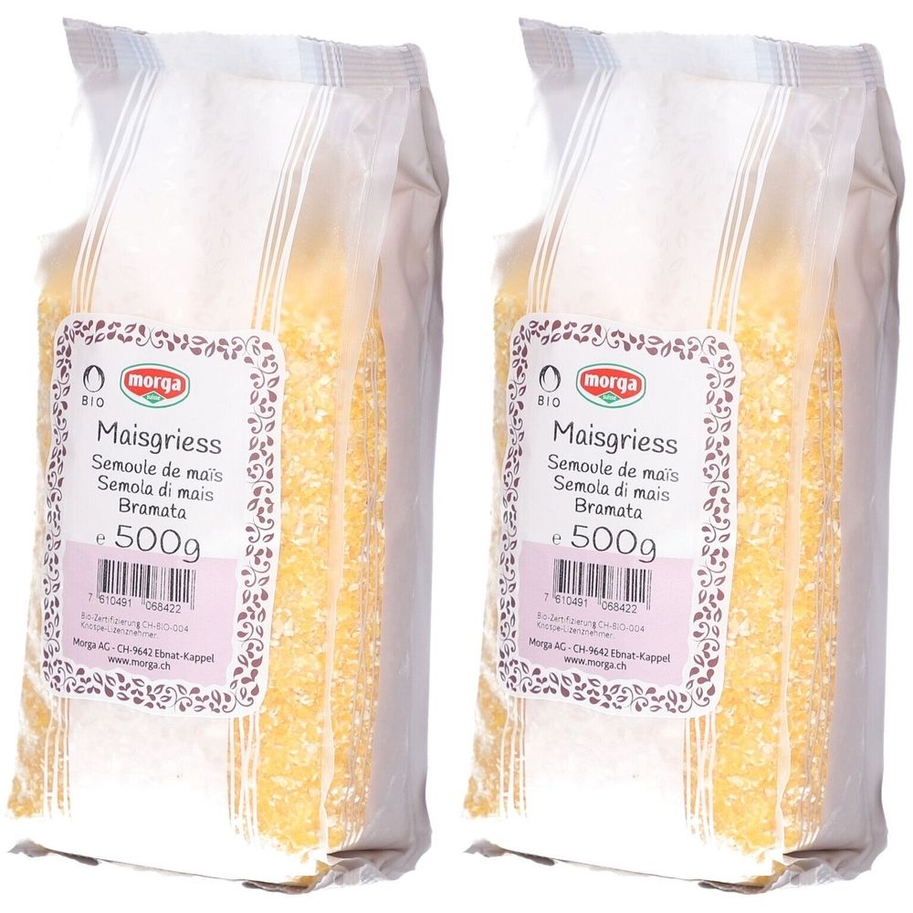 Zwei Beutel Maisgrieß. Aufschrift: morga, Maisgrieß, 500g. Bio-Siegel. Transparente Verpackung.