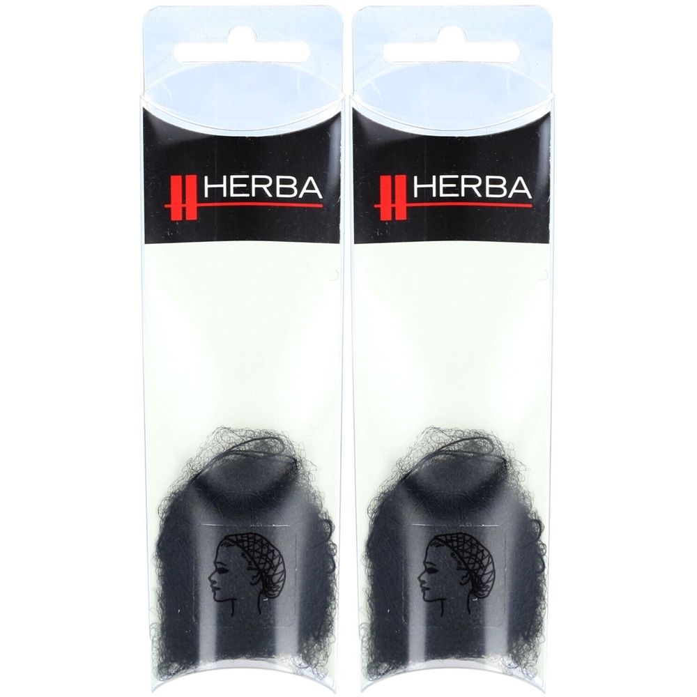 Deux filets à cheveux noirs dans un emballage transparent. Impression : HERBA. Illustration d'une femme avec un filet à cheveux.