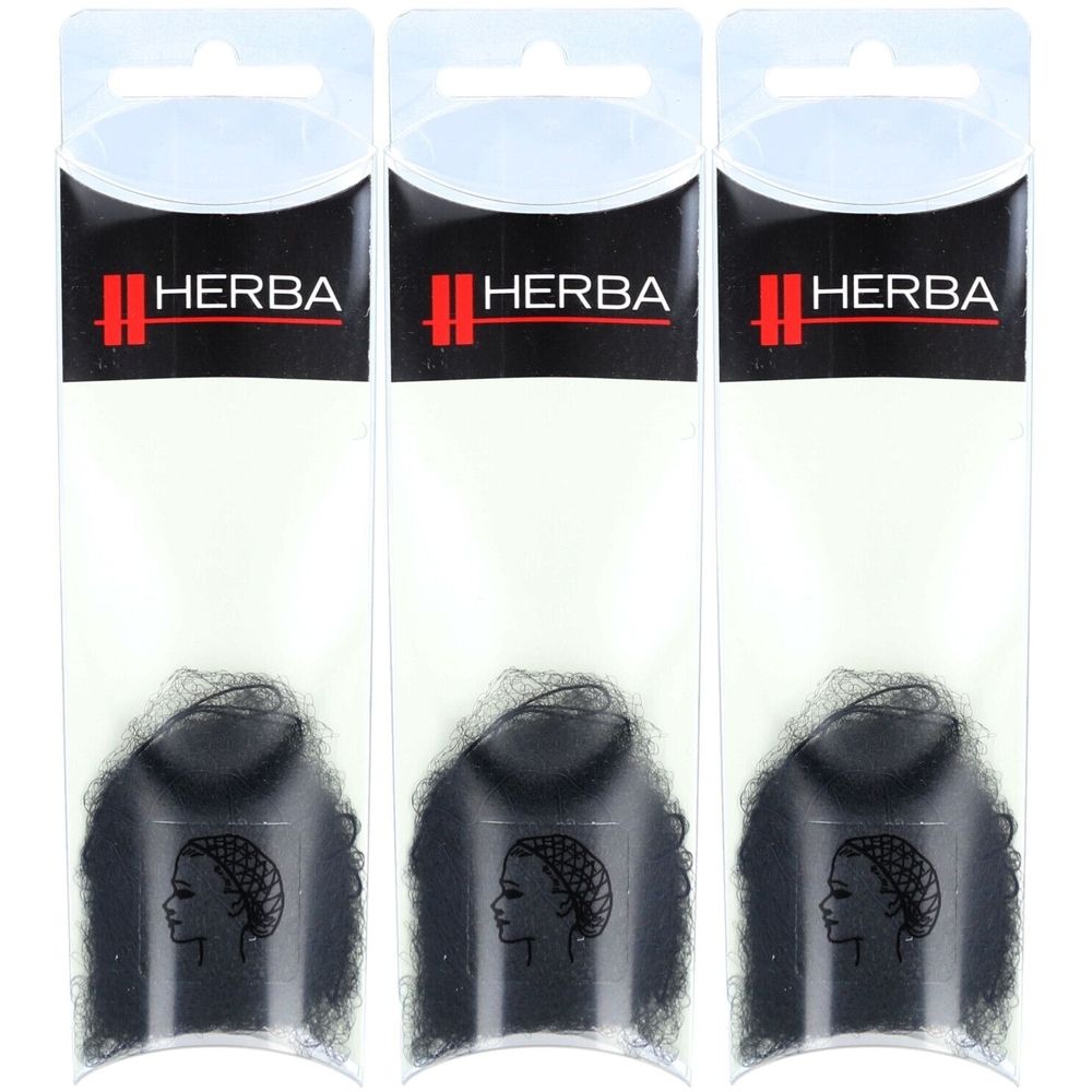 Trois filets à cheveux noirs dans des emballages transparents. Chaque emballage affiche le logo HERBA et un profil de femme portant un filet.