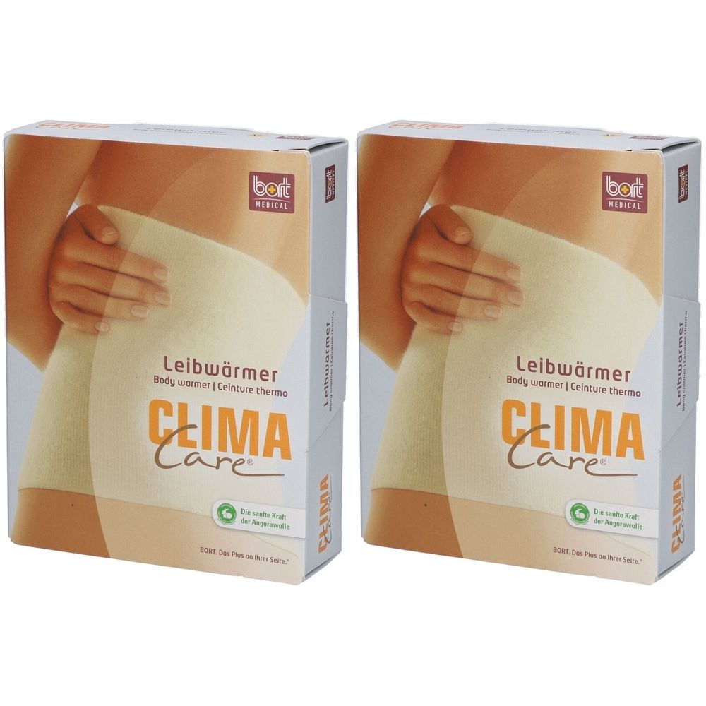 Zwei Produktverpackungen von CLIMACare® Leibwärmer. Aufdruck: CLIMA Care, Leibwärmer, Body warmer, Ceinture thermique. Beige-braune Verpackung.