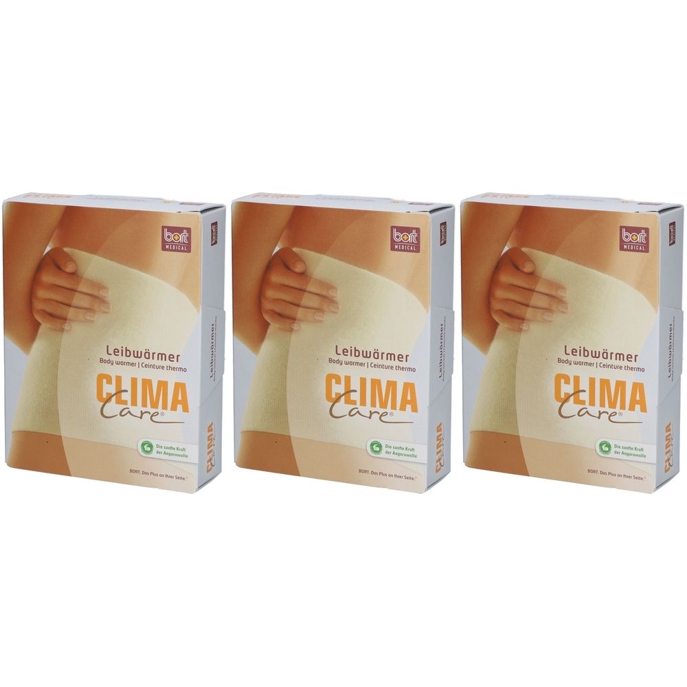 Drei Verpackungen von CLIMACare Leibwärmer. Aufdruck: CLIMA Care, Leibwärmer, Bauchwärmer. Abbildung: Person mit Bauchwärmer.