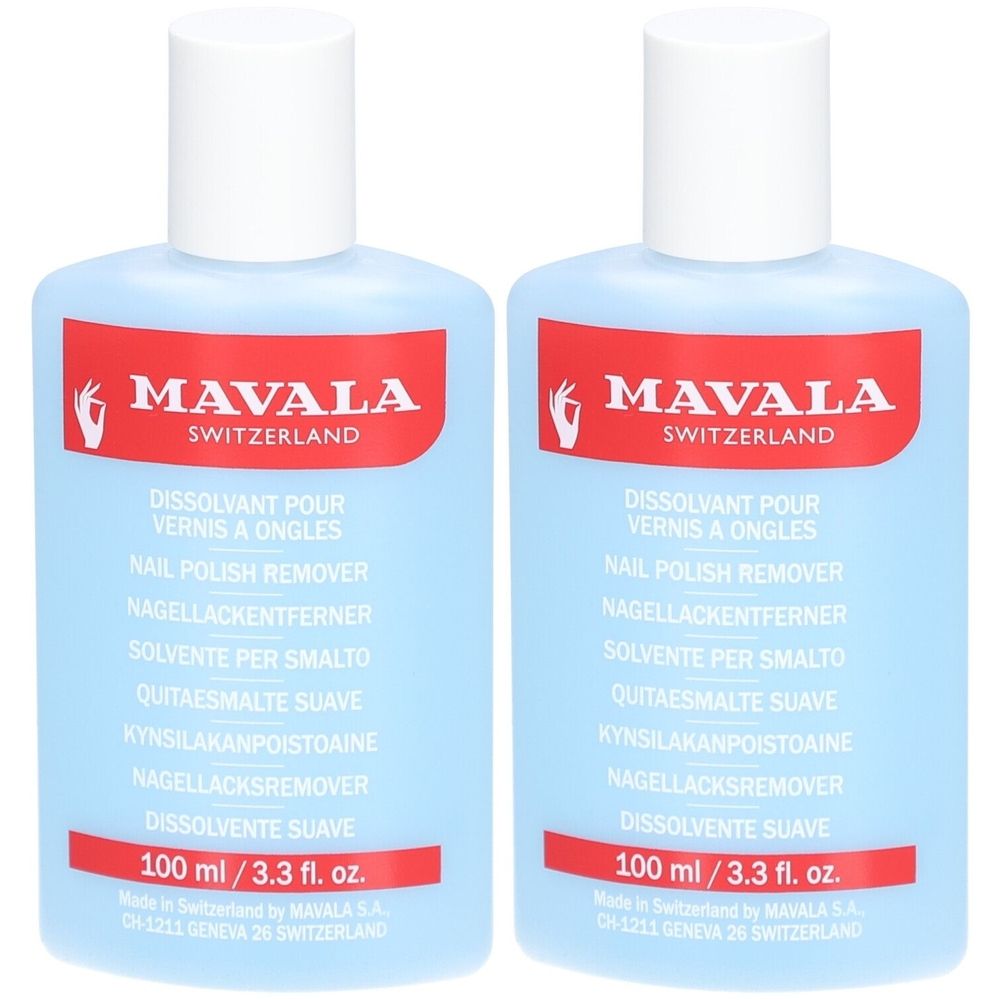 Zwei Flaschen Nagellackentferner. Blaue Flüssigkeit, weißer Deckel, rotes Etikett mit Markennamen MAVALA. Text: Nagellackentferner, 100 ml.