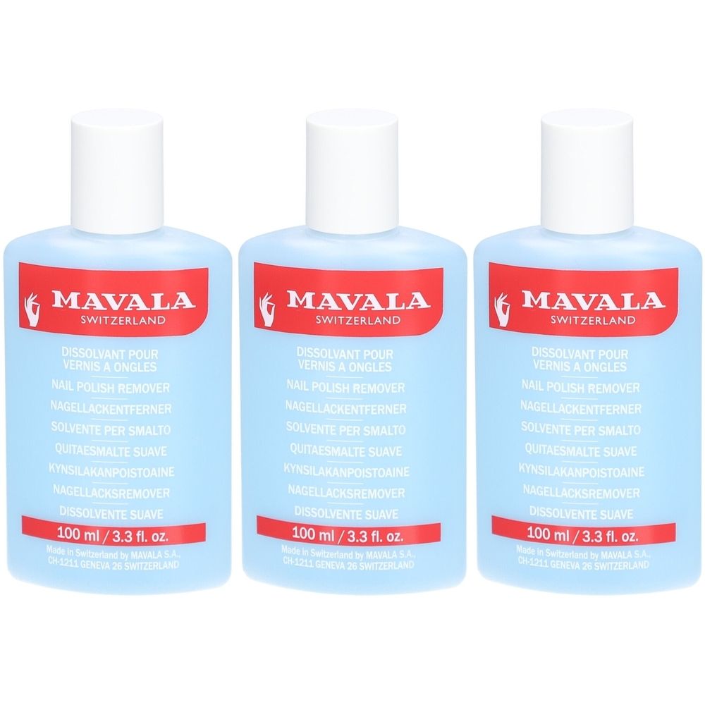 Trois flacons de dissolvant pour vernis à ongles. Flacons bleu clair avec bouchon blanc et étiquette rouge avec nom de marque.