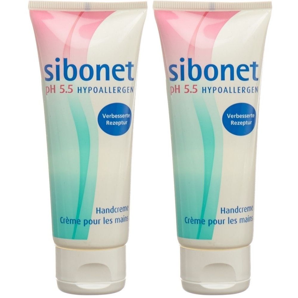 Deux tubes de crème pour les mains. Inscription: sibonet, pH 5.5, hypoallergénique. Texte en allemand et français.