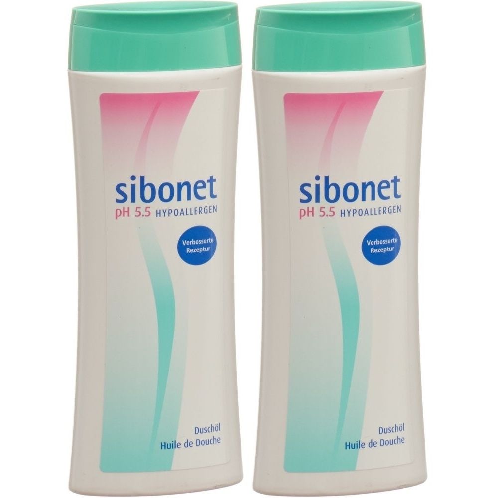 Deux flacons de gel douche avec bouchon vert. Inscription: sibonet pH 5.5 hypoallergénique. Texte en allemand et français.