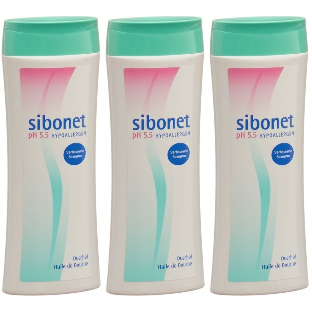 Trois flacons blancs avec bouchon vert. Inscription: sibonet pH 5.5 HYPOALLERGEN. En dessous: Duschgel, Huile de Douche.