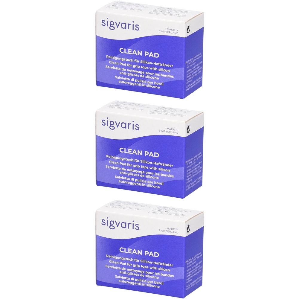 Drei Schachteln mit blauen und weißen Akzenten. Auf jeder Schachtel steht "sigvaris" und "CLEAN PAD". Mehrsprachiger Text.