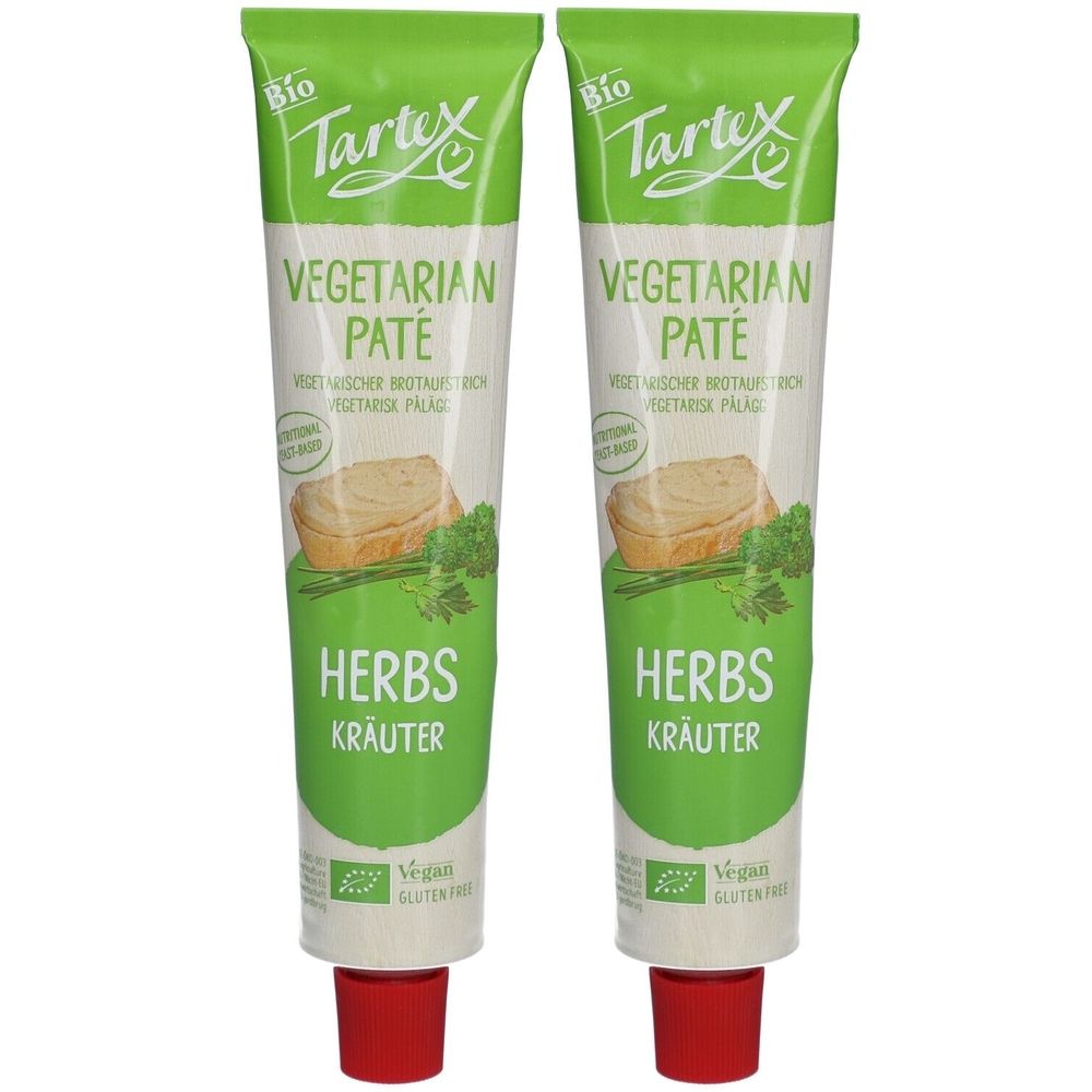 Zwei Tuben Tartex Bio-Pastete mit Kräutern. Aufschrift: Vegetarian Paté, Kräuter. Vegan und glutenfrei.