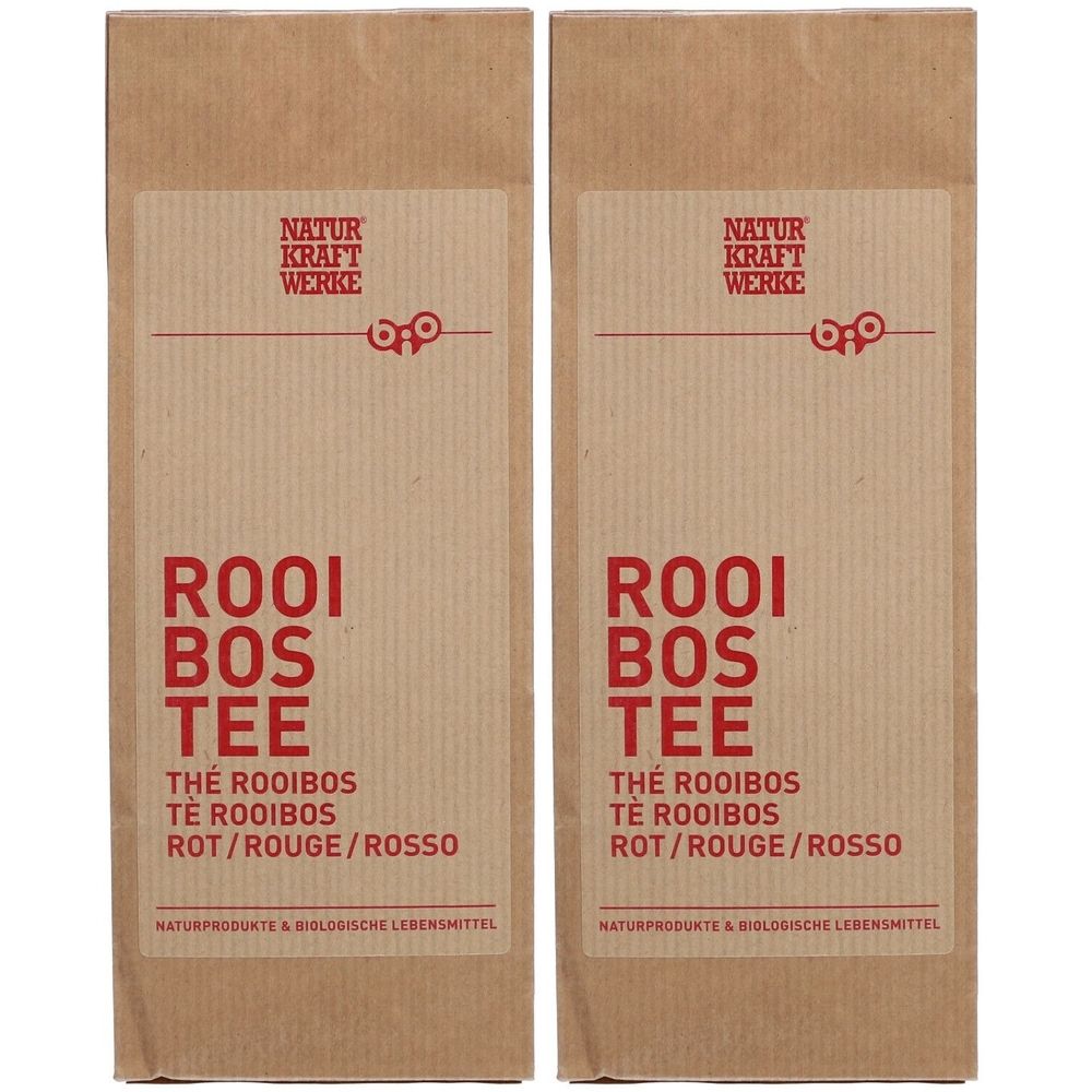 Zwei Beutel Rooibos Tee. Aufdruck: NATUR KRAFT WERKE, ROOI BOS TEE, Thé Rooibos, Rot/Rouge/Rosso. Naturprodukte & biologische Lebensmittel.