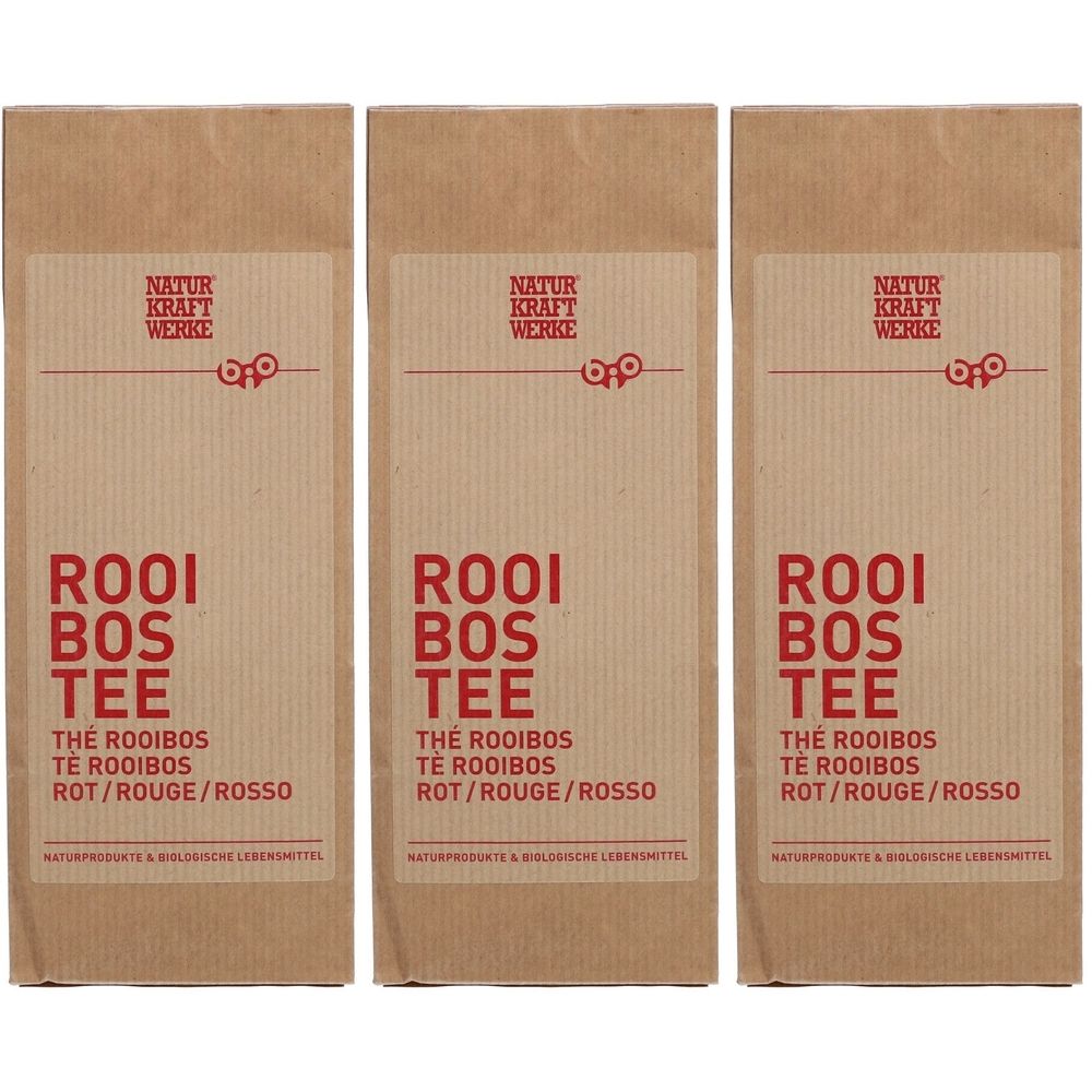 Drei Beutel Rooibos Tee. Aufdruck: NATUR KRAFT WERKE, ROOIBOS TEE, THE ROOIBOS, ROT/ROUGE/ROSSO.