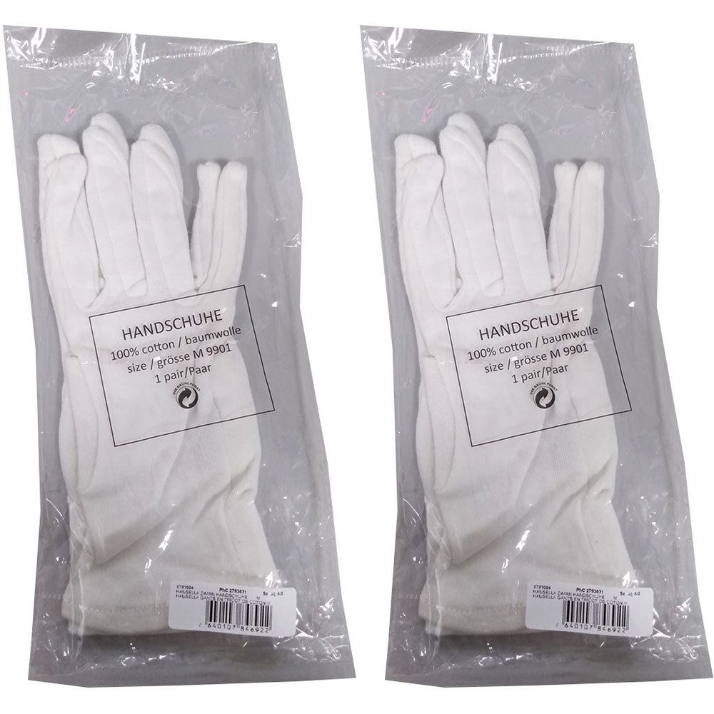 Deux paires de gants en coton blanc dans un emballage plastique. Inscription : HANDSCHUHE, 100% coton, taille M 9901, 1 paire.