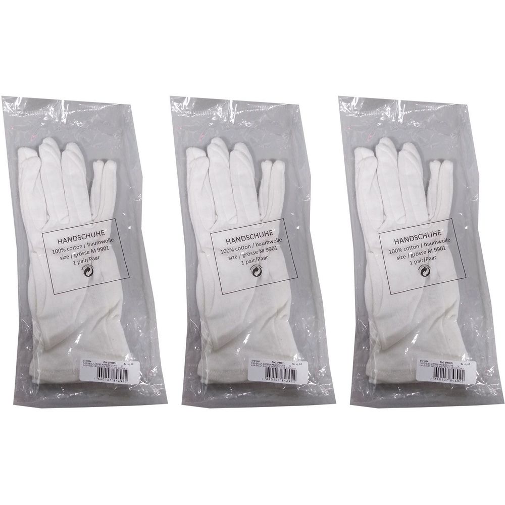 Trois paires de gants en coton blanc, emballées individuellement. Inscription: gants, 100% coton, taille M.
