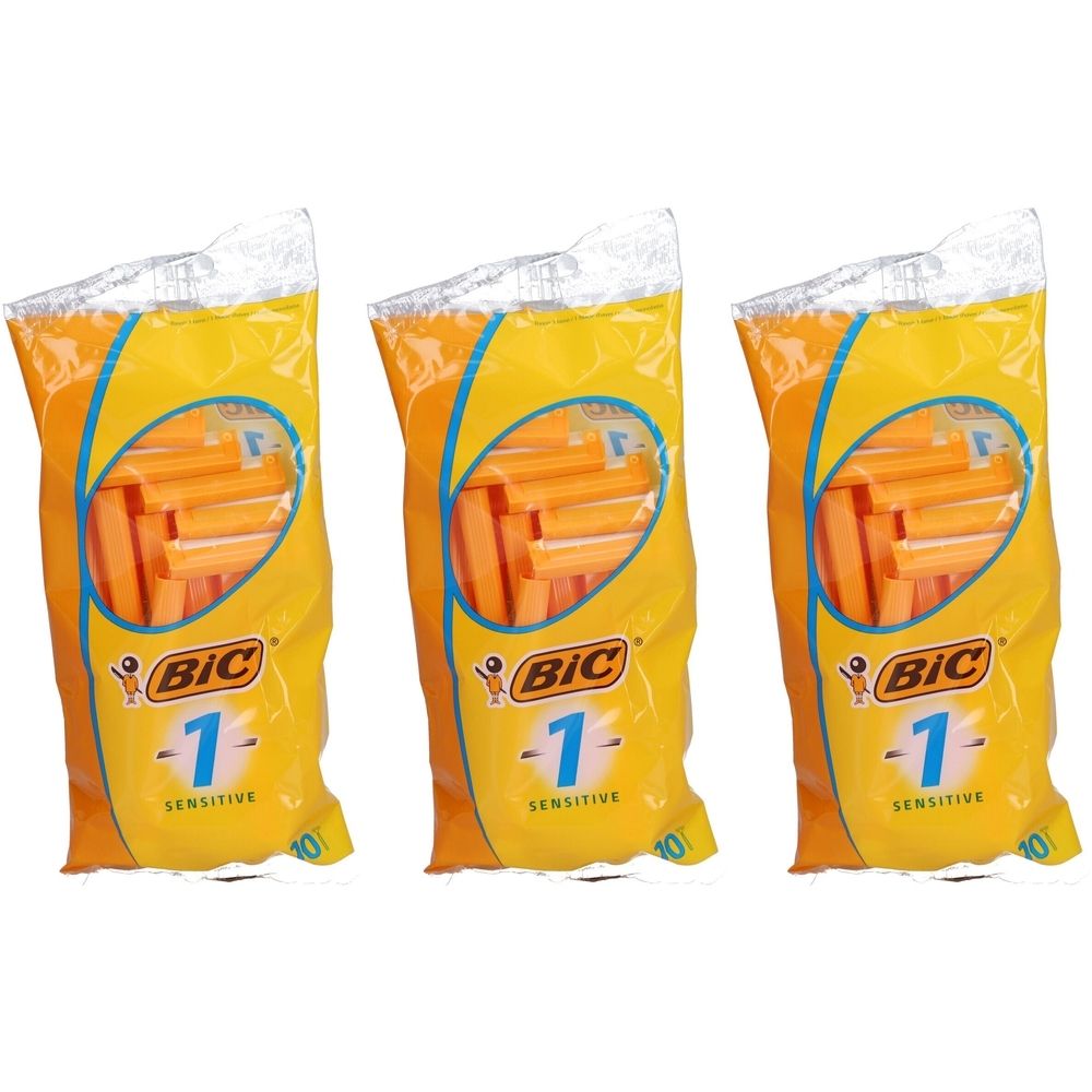 Trois paquets de rasoirs jetables BiC® 1 Sensitive. Emballage jaune avec rasoirs orange. Marque et nom du produit visibles.