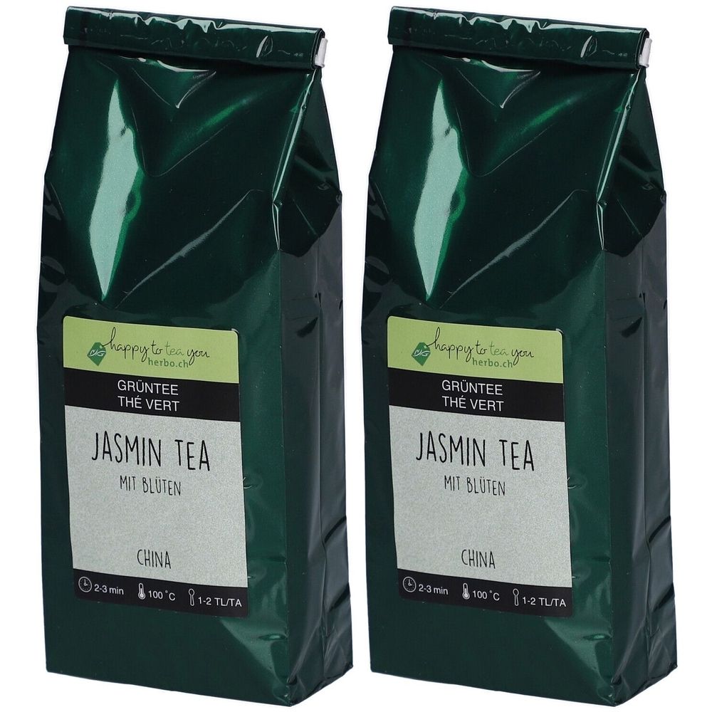 Deux sachets verts de thé au jasmin. Inscription : Jasmin Tea mit Blüten, Chine. Logo : happy to tea you.