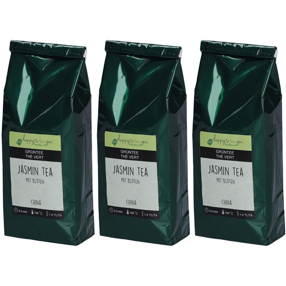 Trois sachets verts de thé au jasmin. Inscription : Jasmin Tea mit Blüten, Gröntee, Chine. Emballage.