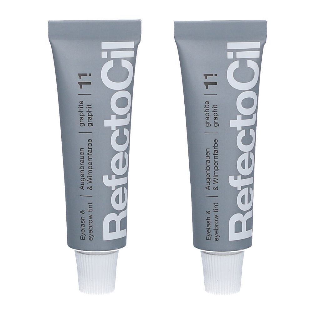 Deux tubes de RefectoCil Wimpernfarbe graphit 1.1. Tubes gris avec bouchon blanc. Inscription : Augenbrauen & Wimpernfarbe.