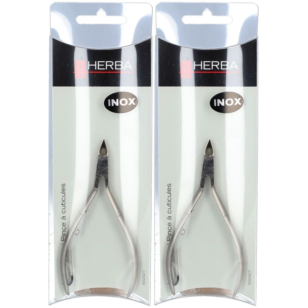 Zwei Nagelhautzangen in Blisterverpackung. Marke HERBA, Edelstahl. Aufschrift INOX. Pince à cuticules.