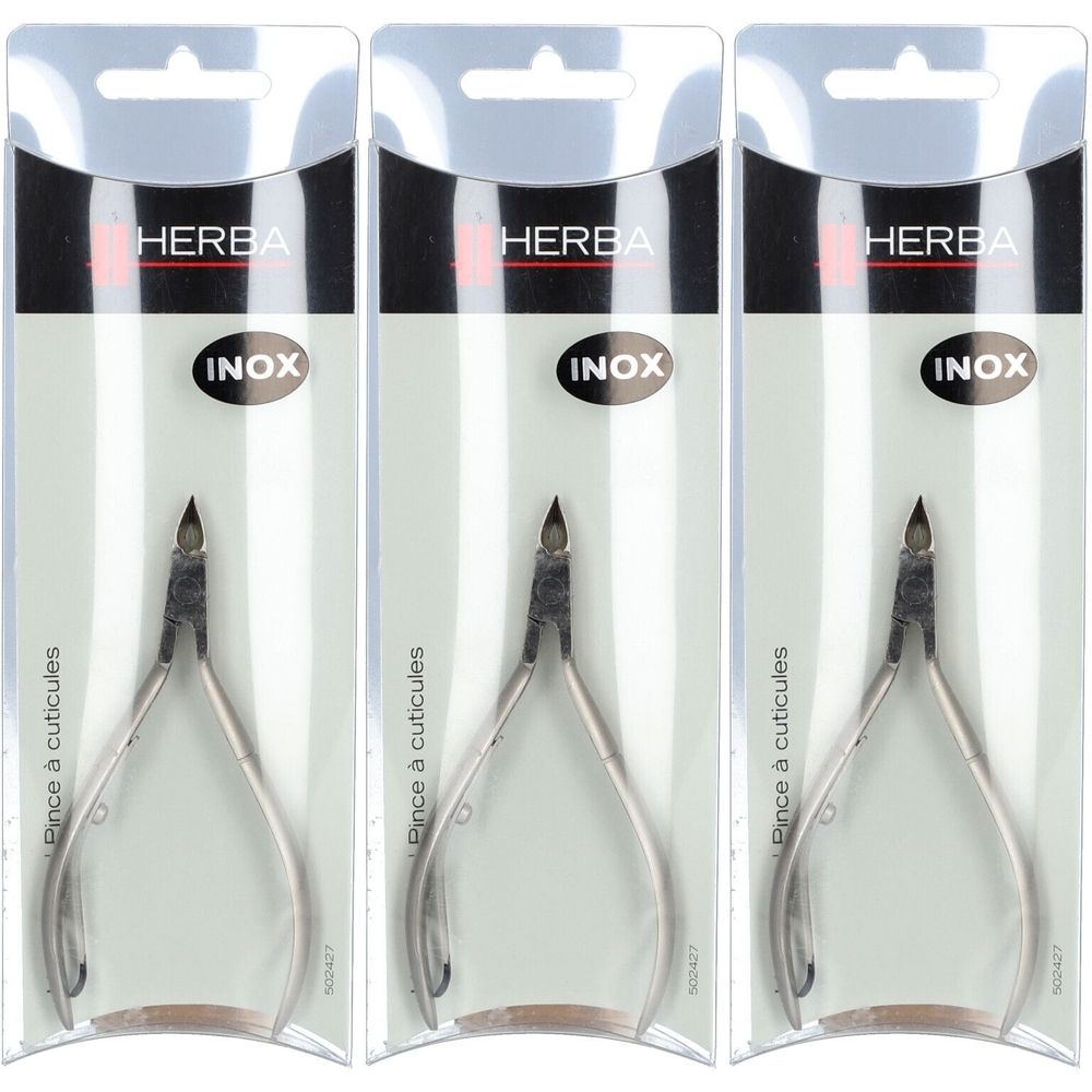 Drei HERBA Nagelhautzangen aus Edelstahl in Blisterverpackung. Auf der Verpackung steht "INOX" und "Pince à cuticules".