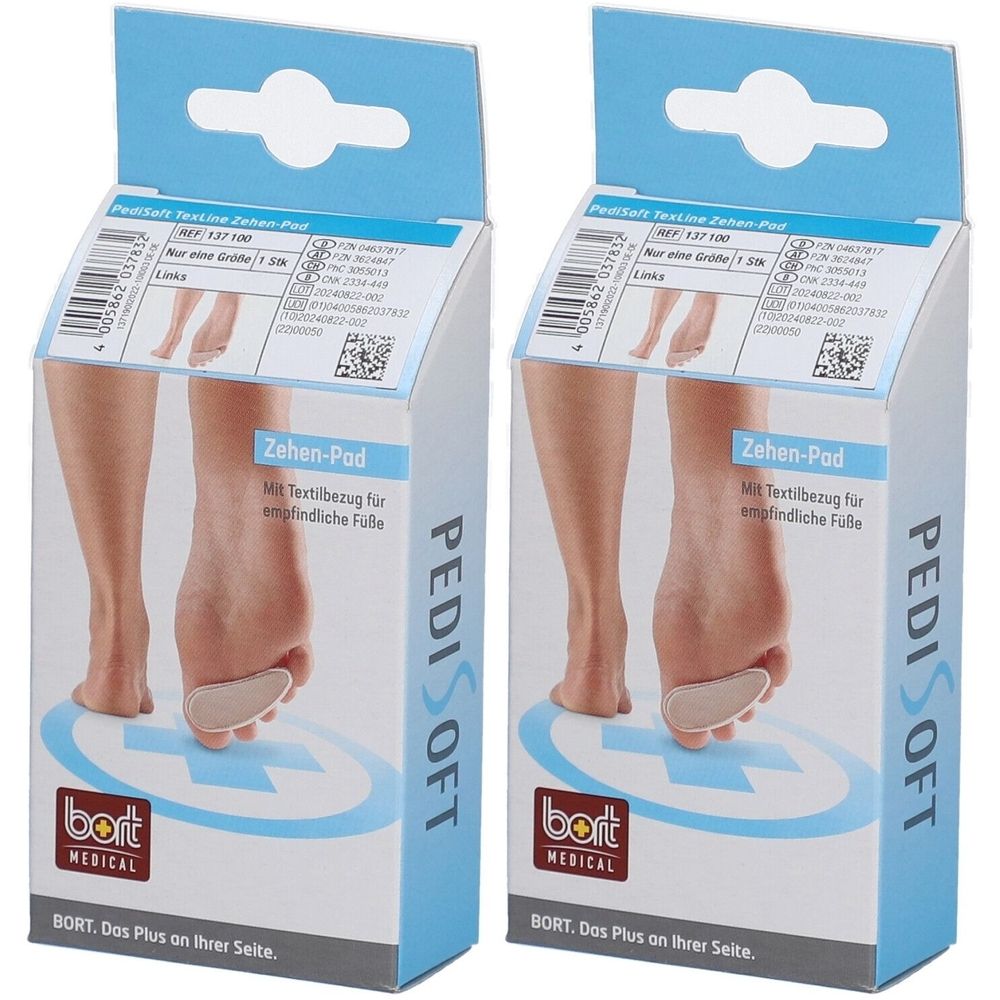 Deux boîtes de produit Zehen-Pad. Inscription : PediSoft, bort MEDICAL. Revêtement textile pour pieds sensibles.