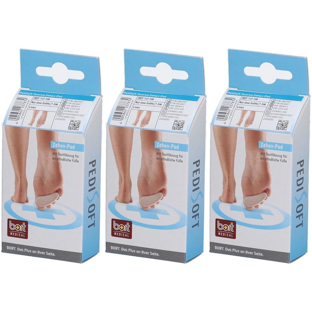 Trois boîtes de produit avec coussinet d'orteil. Inscriptions : PediSoft, bort MEDICAL. Illustration d'un pied avec coussinet.