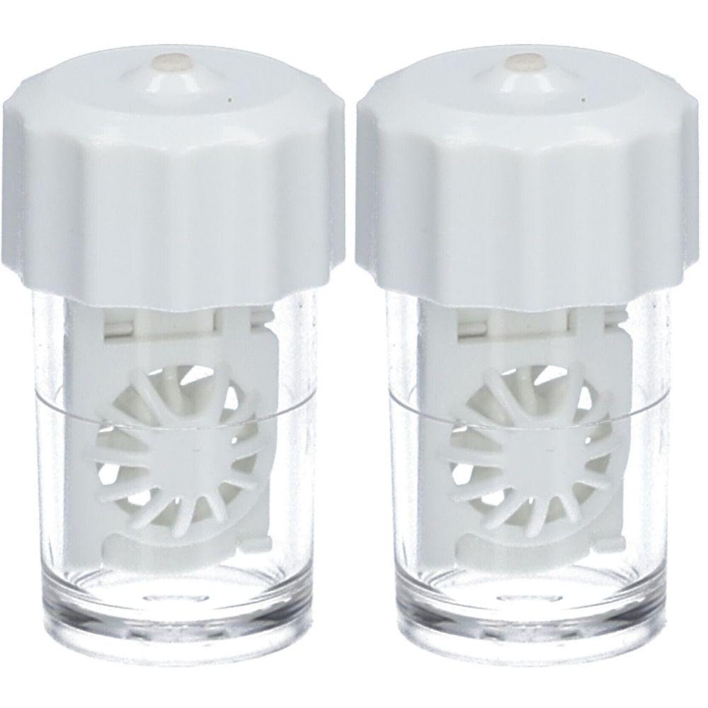 Deux étuis à lentilles de contact avec couvercles blancs et supports. Verres transparents, structures internes blanches.