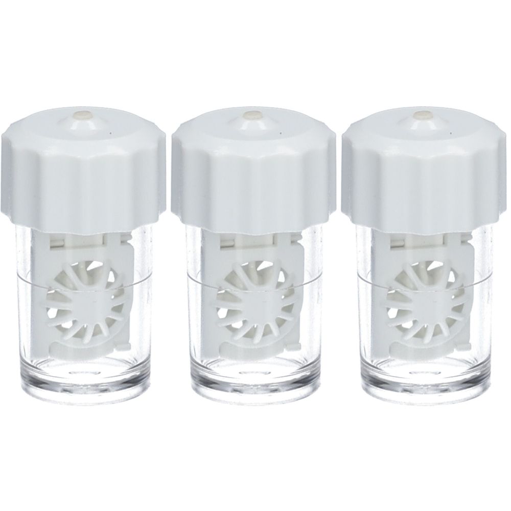 Trois étuis à lentilles de contact avec couvercles blancs et verres transparents. Support interne.